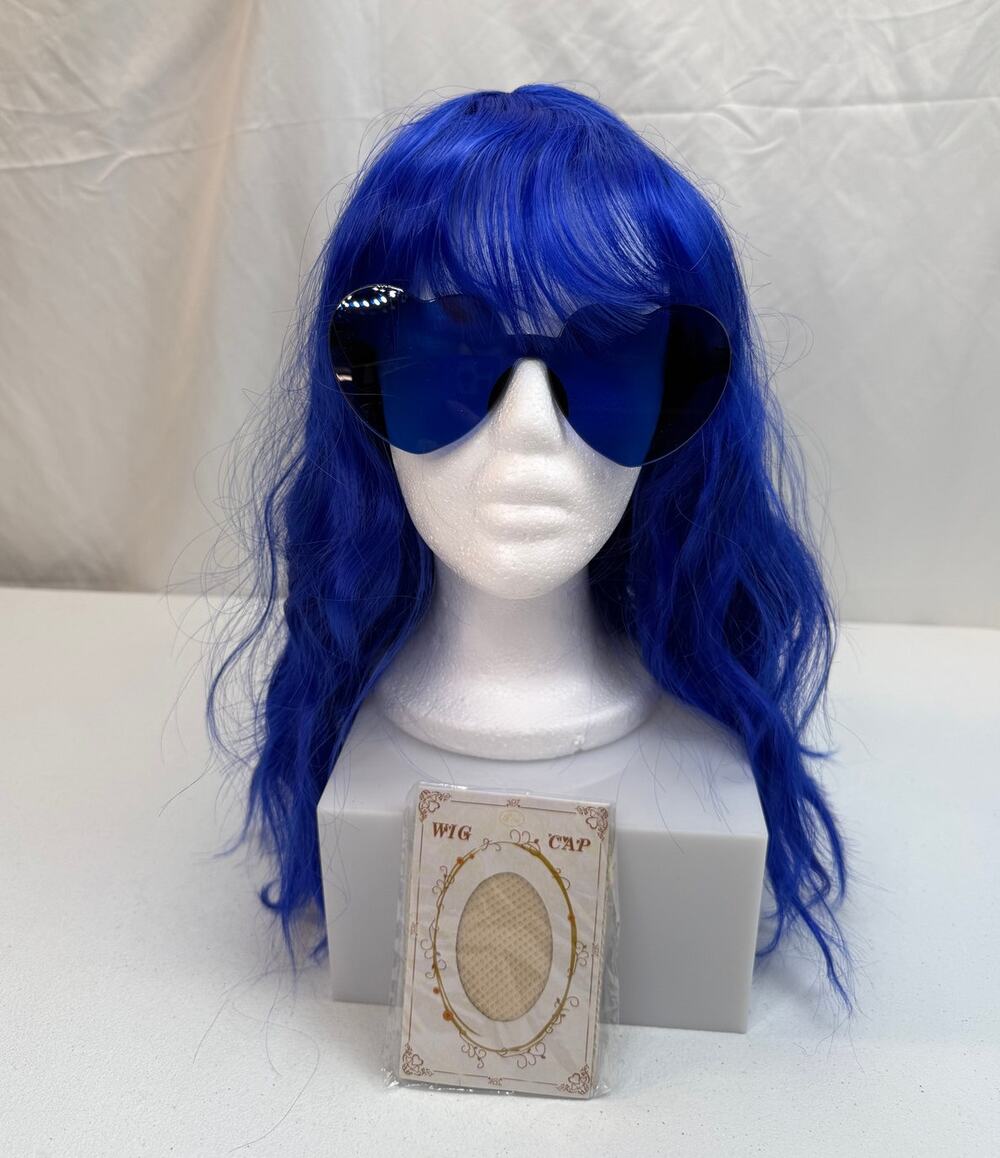 Bright Blue Wavy Cosplay Wig with Blue Sunglasses & Wig Cap